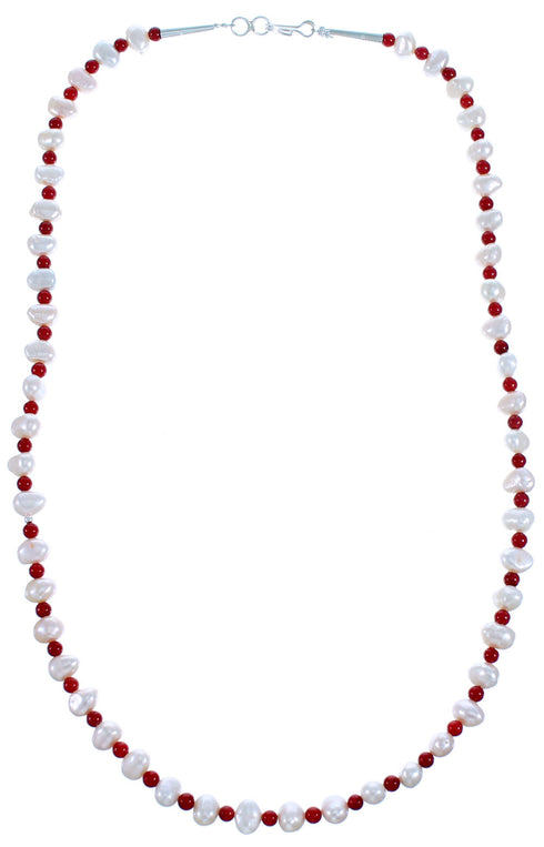 Coral And Fresh Water Pearl Sterling Silver Bead Necklace SX115001